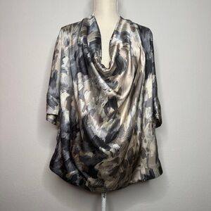 CO Silk Cowl Neck Brushed Paint Black Gray Short Sleeve Blouse NWT Size M